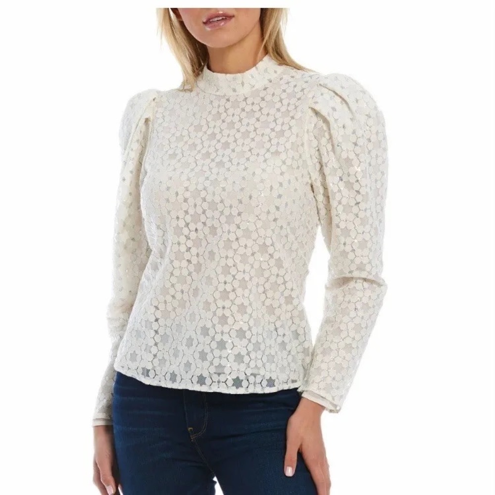NWT Gorgeous WAYF Elan puff sleeve metallic lace top XS